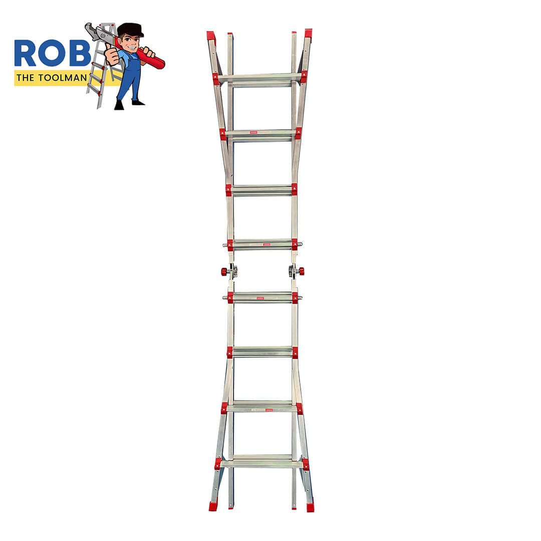 Folding ladder with red accents, cartoon logo.