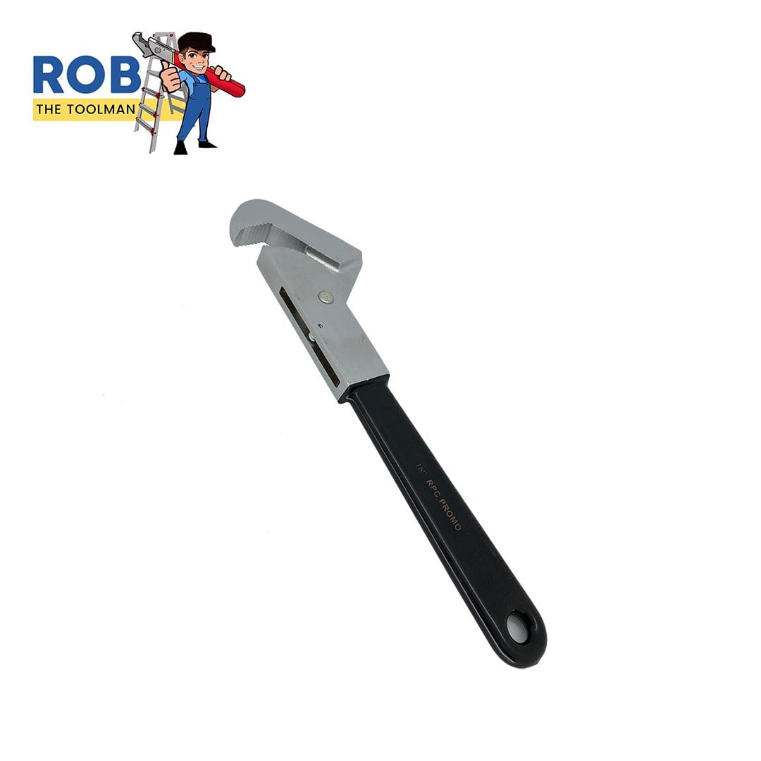 Pipe wrench with a black handle.