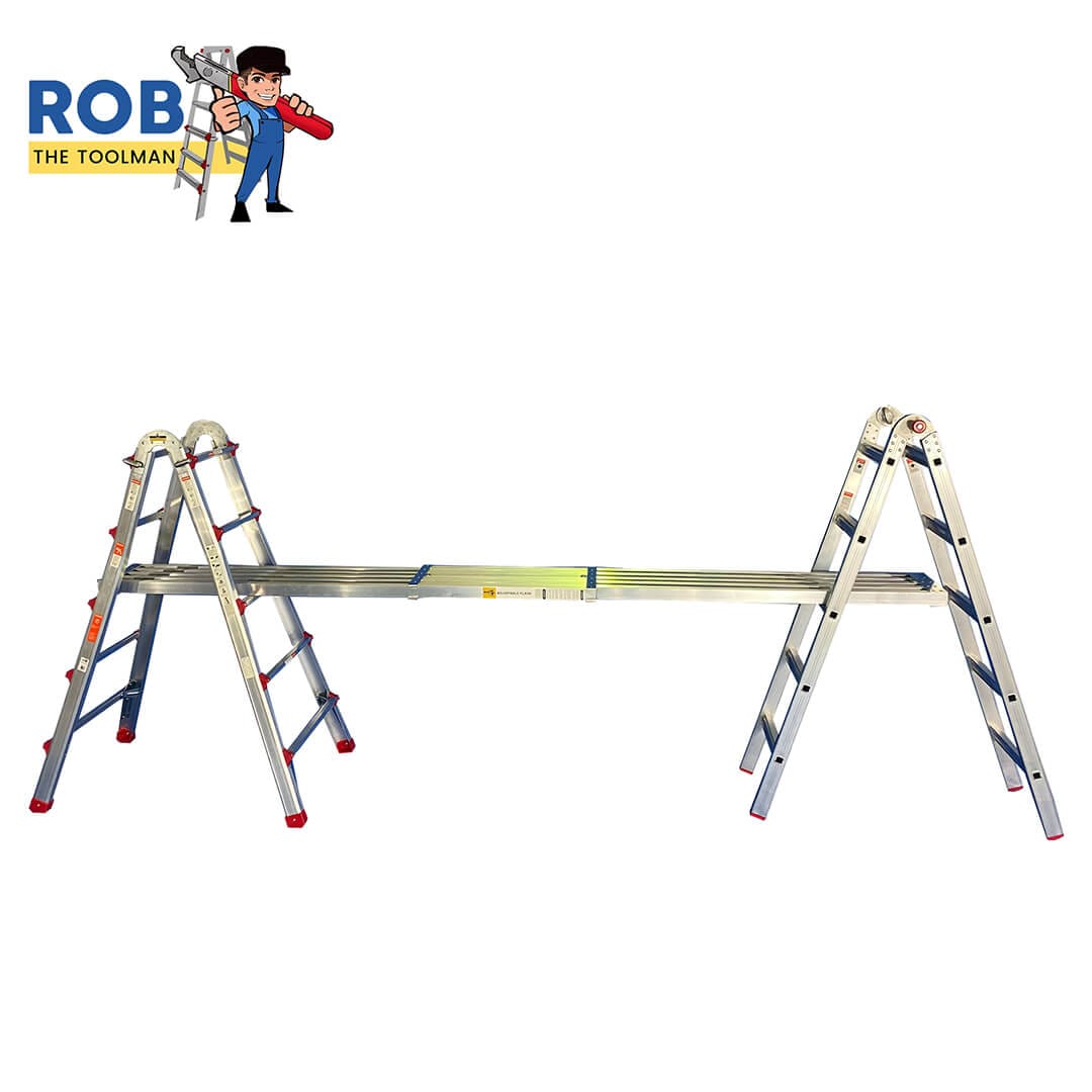 Aluminum multi-purpose ladder with safety features.