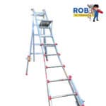 Aluminum ladder with safety platform and logo.