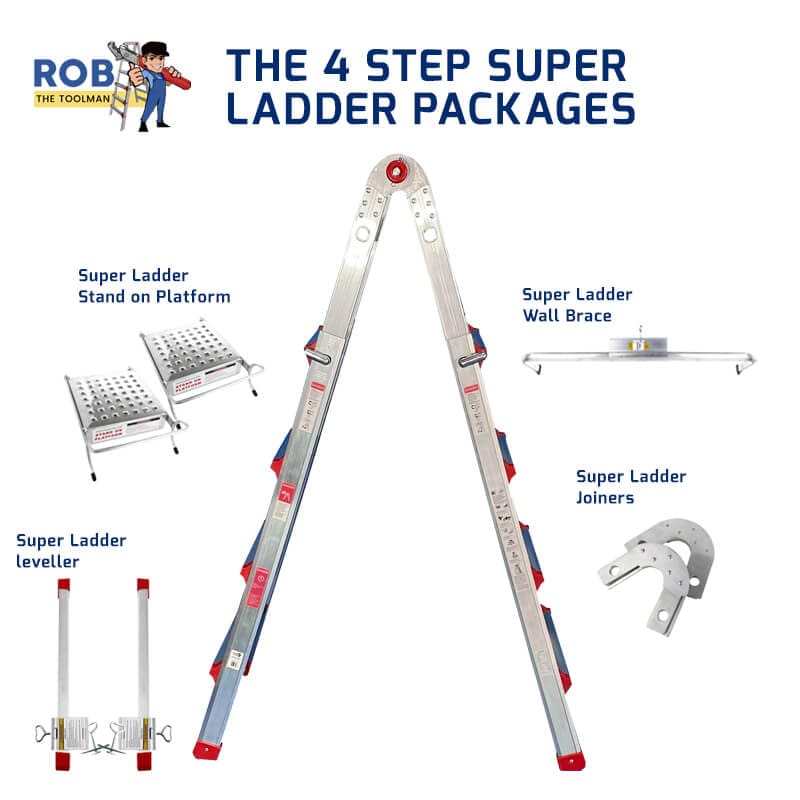 Four-step ladder package with accessories.