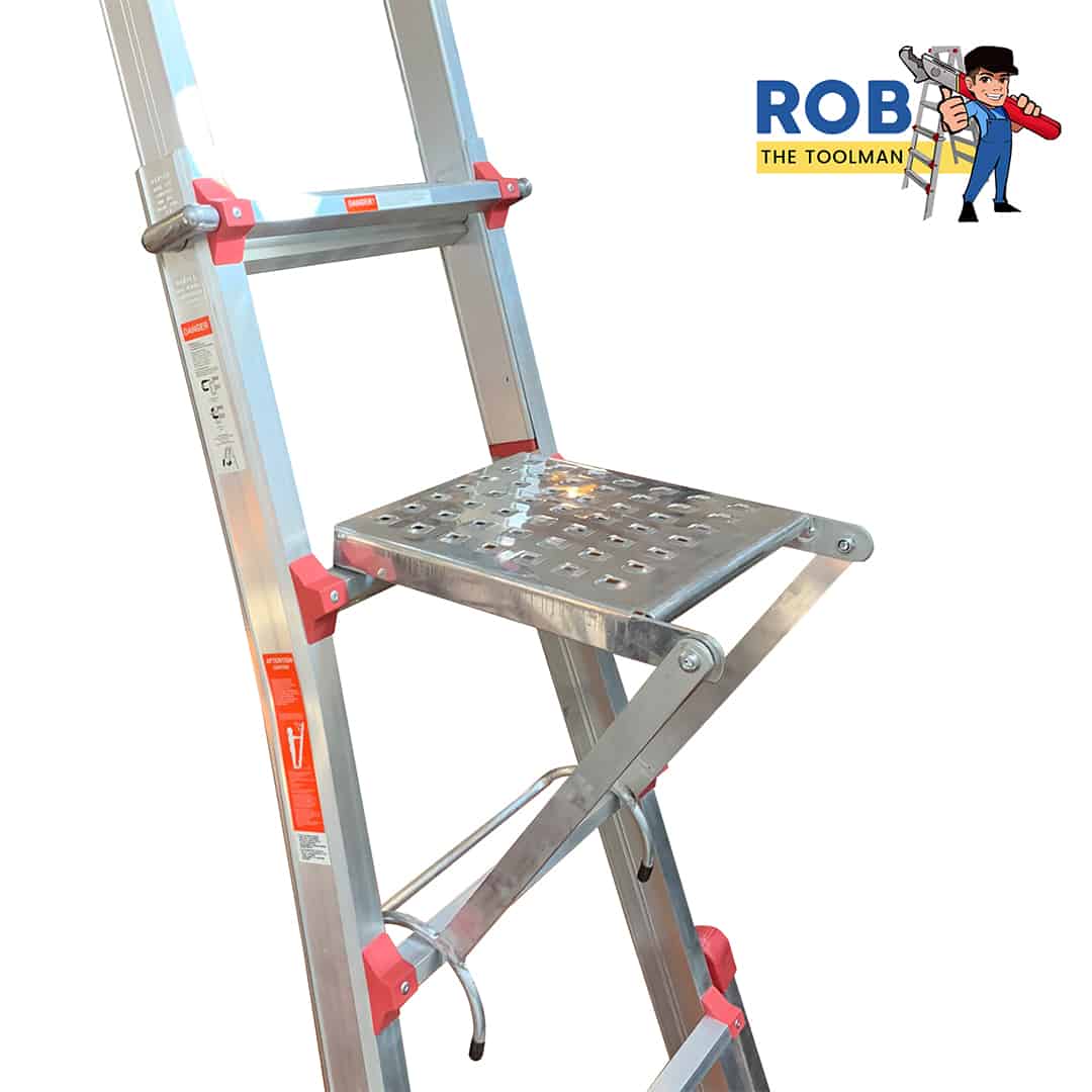 Aluminum ladder with platform and red accents.
