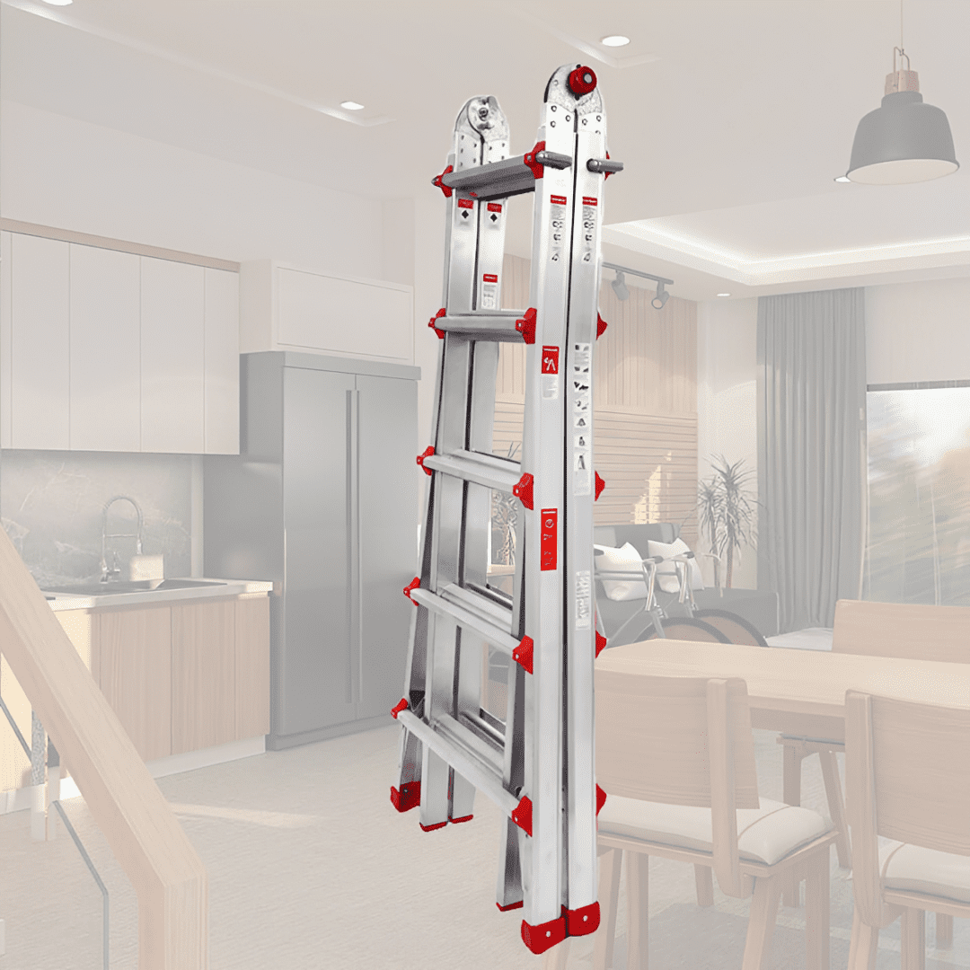 Aluminum ladder in modern kitchen setting.