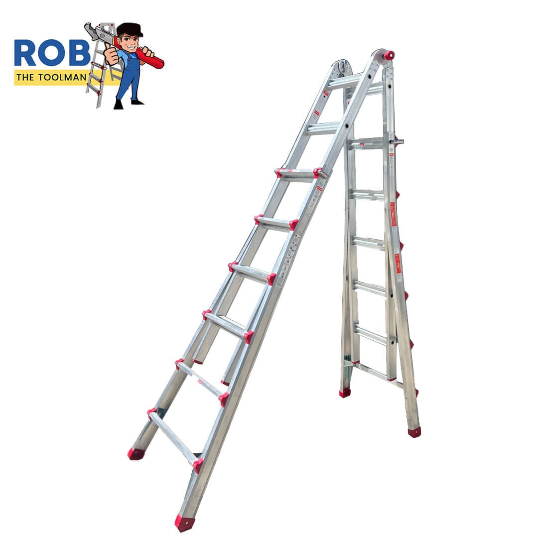 Aluminum multi-purpose ladder with logo.