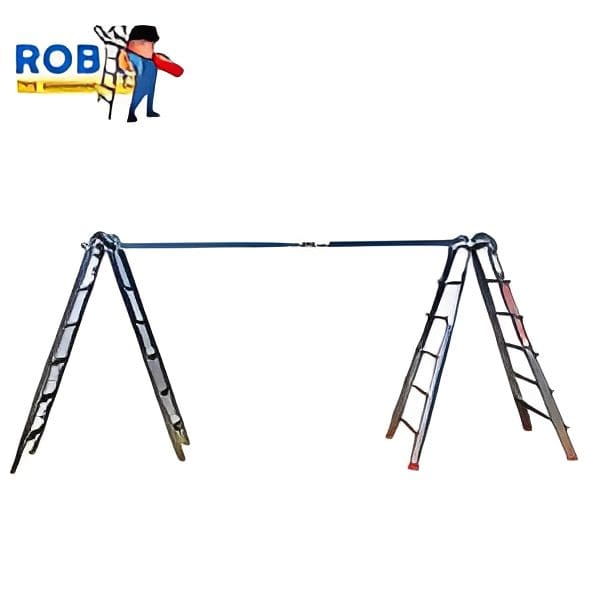 Double ladder with horizontal connecting bar.