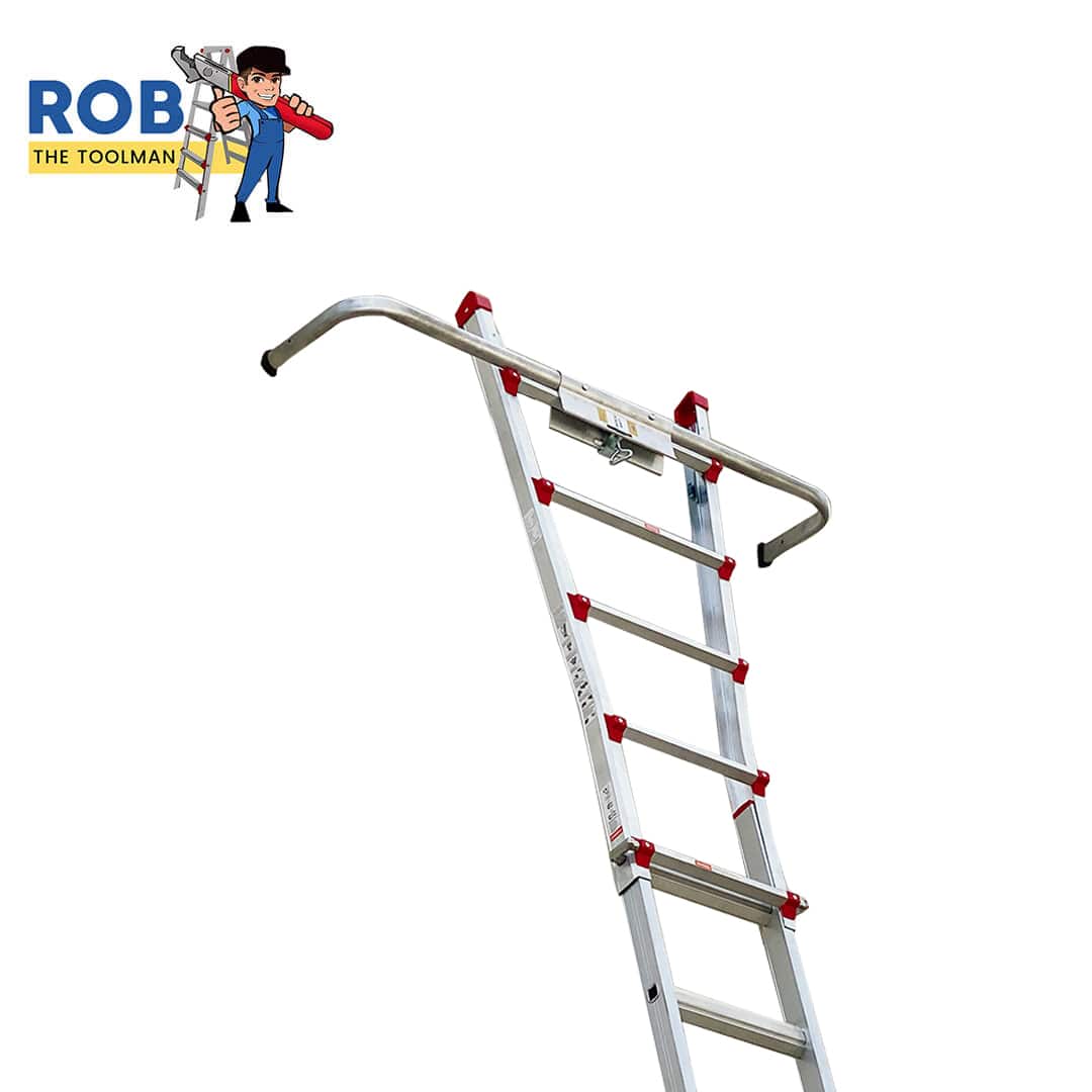 Aluminum ladder with stabilizing top handle.