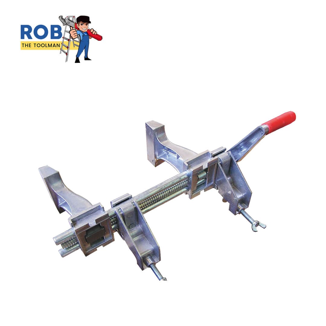 Woodworking clamp with red handle.