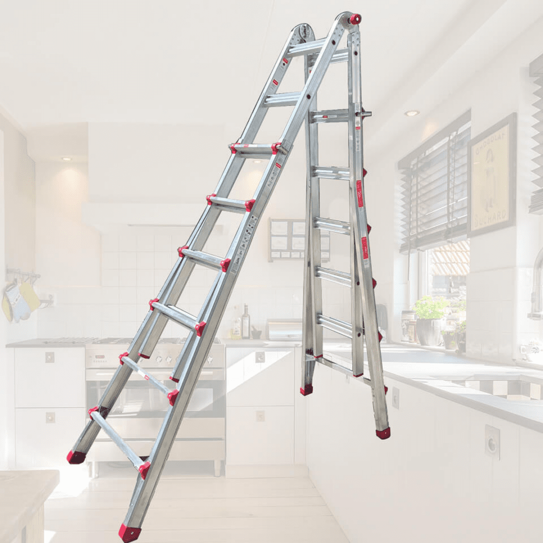 Aluminum ladder in modern kitchen setting.