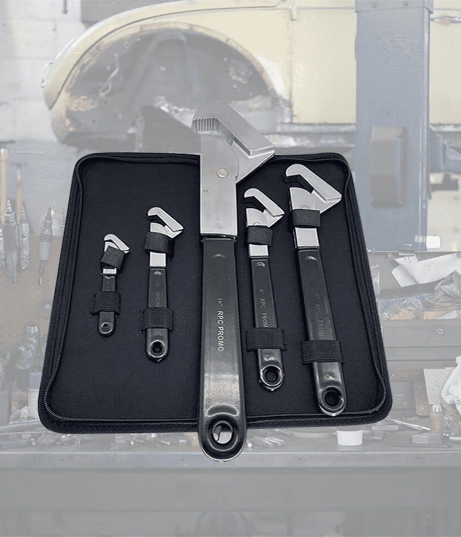 Set of adjustable wrenches on display.