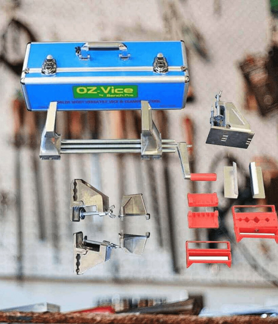 Blue toolbox with various metal and plastic components.