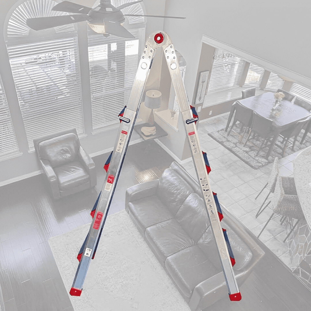 Aluminum ladder in modern living room setting.