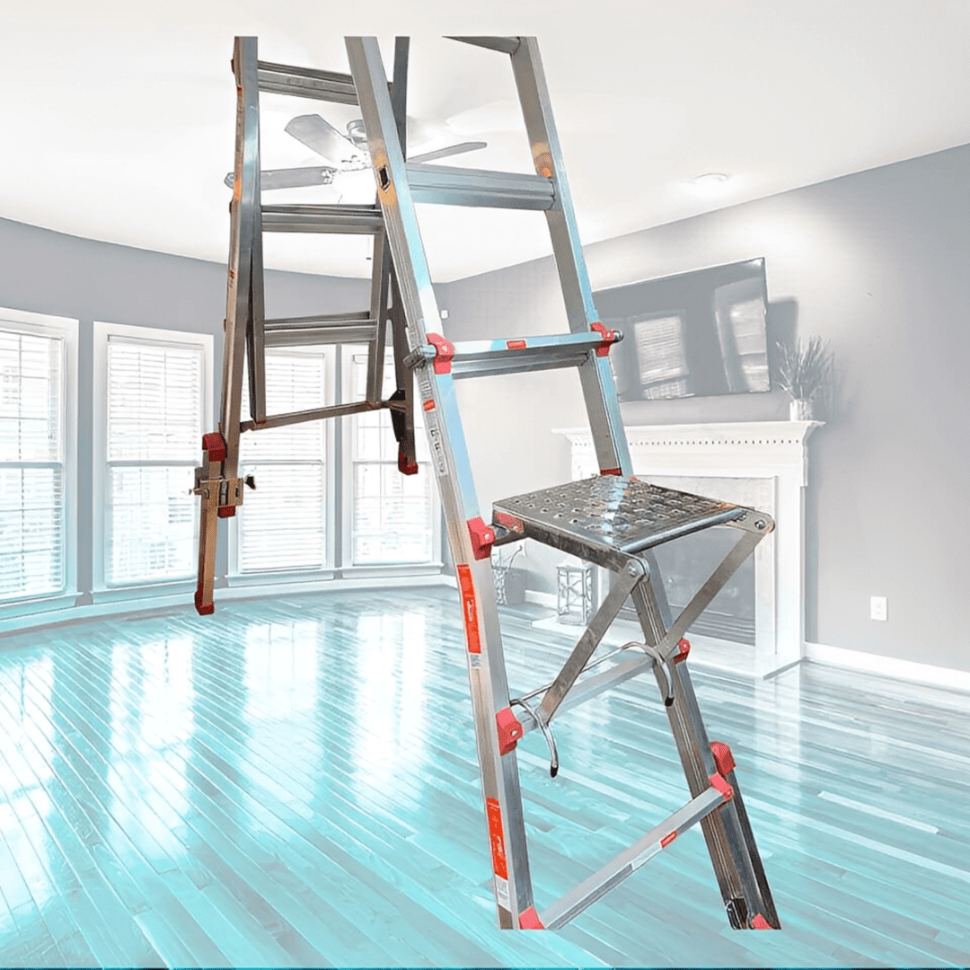 Metal ladder in bright, empty room.
