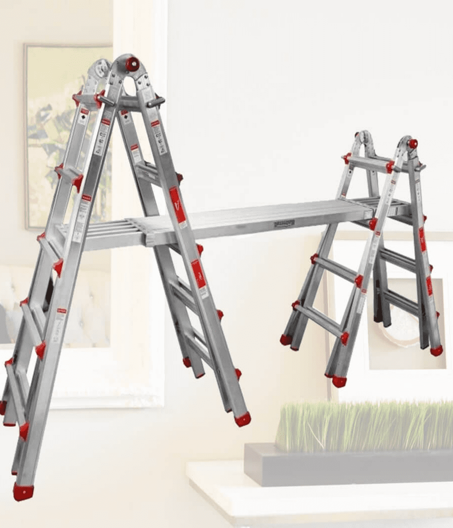 Aluminum ladder set up indoors.