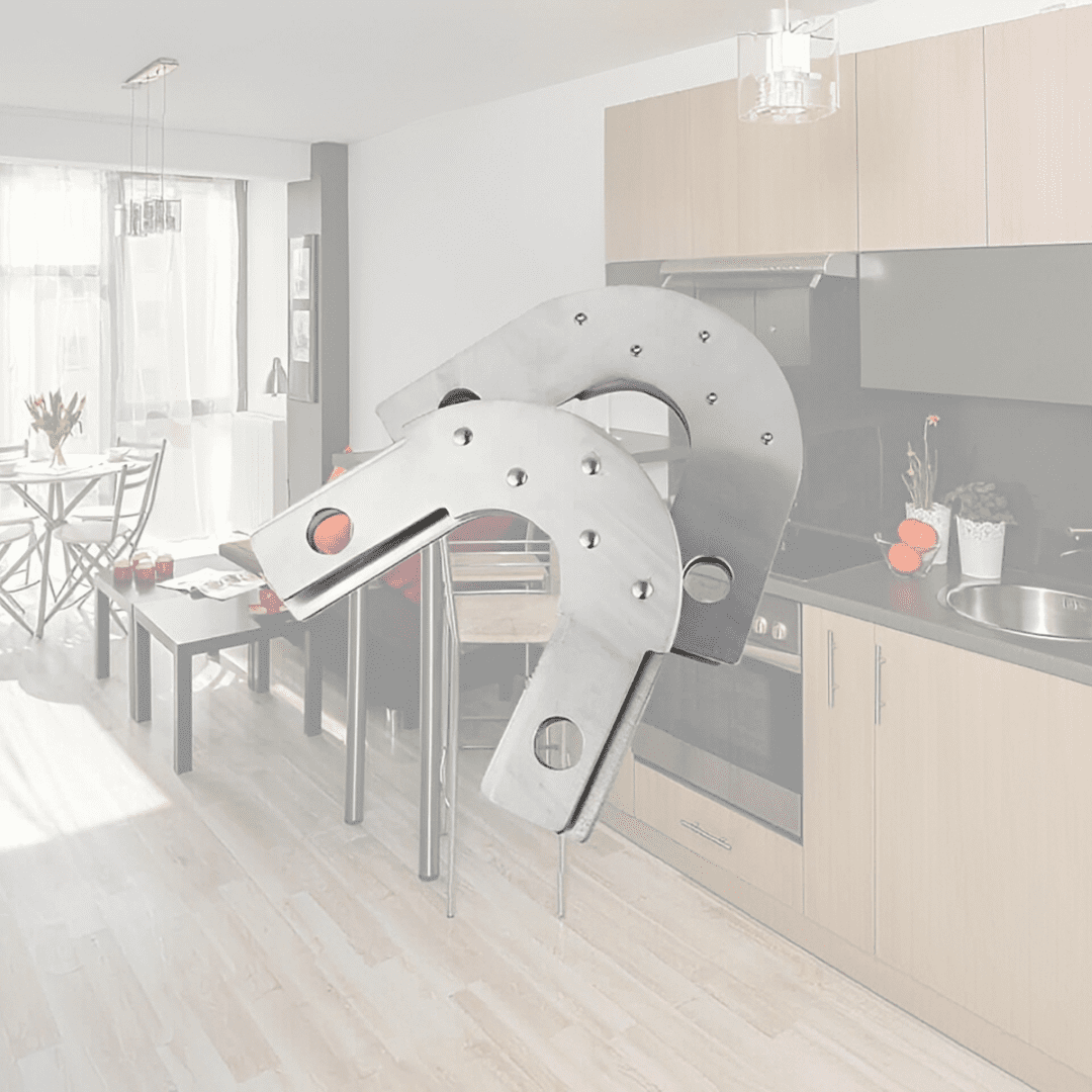 Metal brackets in modern kitchen setting.