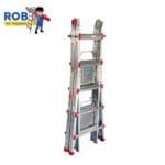Foldable aluminum ladder with red accents.