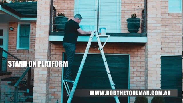 Man standing on platform ladder painting house.