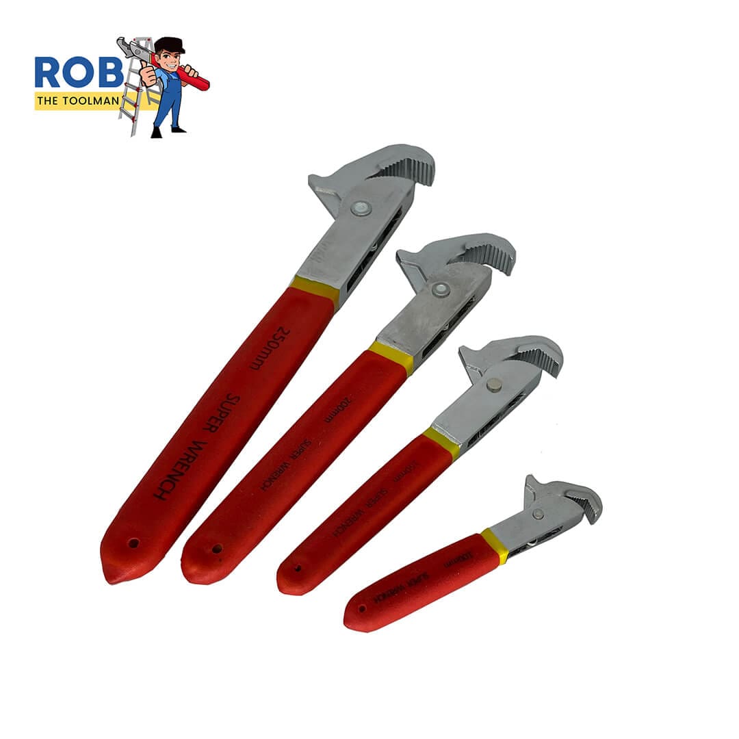 Four red-handled adjustable pliers set.